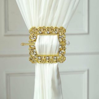 Curtain Rods | Set of 2 Gold Barrette Style Acrylic Crystal Curtain Tie Backs, Square Backdrop Drapery Diamond Brooch Holdbacks 7" Curtain Rods Curtain Rods