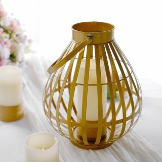 Outdoor Lights | Gold Metal Open Weave Basket Candle Lantern Indoor/Patio Centerpiece with Handle – 17" Tall Lighting gold