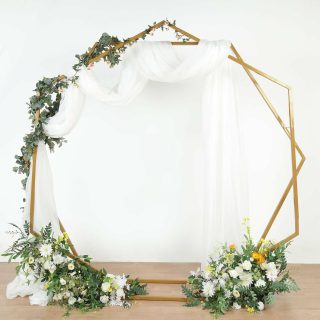 Photography Backdrop Stands | Dual Gold Metal Geometric Shaped Hexagon Heptagon Arch, Photo Backdrop Stand 8ft Curtains gold