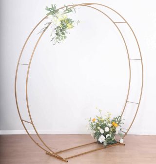 Photography Backdrop Stands | Heavy Duty Gold Metal Double Hoop Arch Photo Backdrop Stand, Round Arbor Floral Balloon Frame – 7.5ft Curtains gold