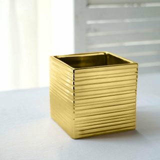 Planters & Pedestal | 2 Pack Brush Textured Ceramic Square Flower Plant Box, Cube Shaped Planter Pots 5" Planters & Pedestal gold