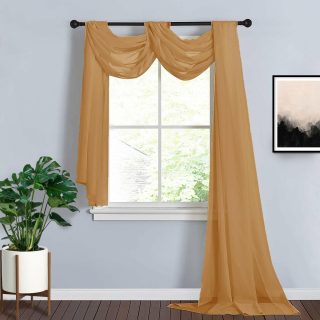 Sheer Curtains | Sheer Organza Arch Draping Fabric, Long Curtain Backdrop Window Scarf Valance 18ft Curtains gold