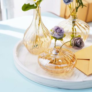 Table Vases | Set of 3 Ribbed Design Glass Flower Bud Vases, Table Centerpiece Taper Candle Holders – Assorted Sizes Table Vases gold