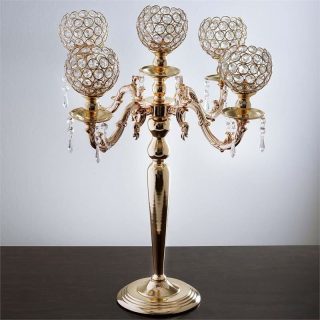 Candelabra | 5 Arm Crystal Beaded Globe Metal Candelabra Candle Holder 25" Tall Candelabra Candelabra