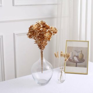 Grass & Gold Stems | 2 Pack Metallic Gold Artificial Rose Bloomed Flower Bouquet, Open Flower Floral Arrangement Holiday Decor 17" Artificial Flower gold